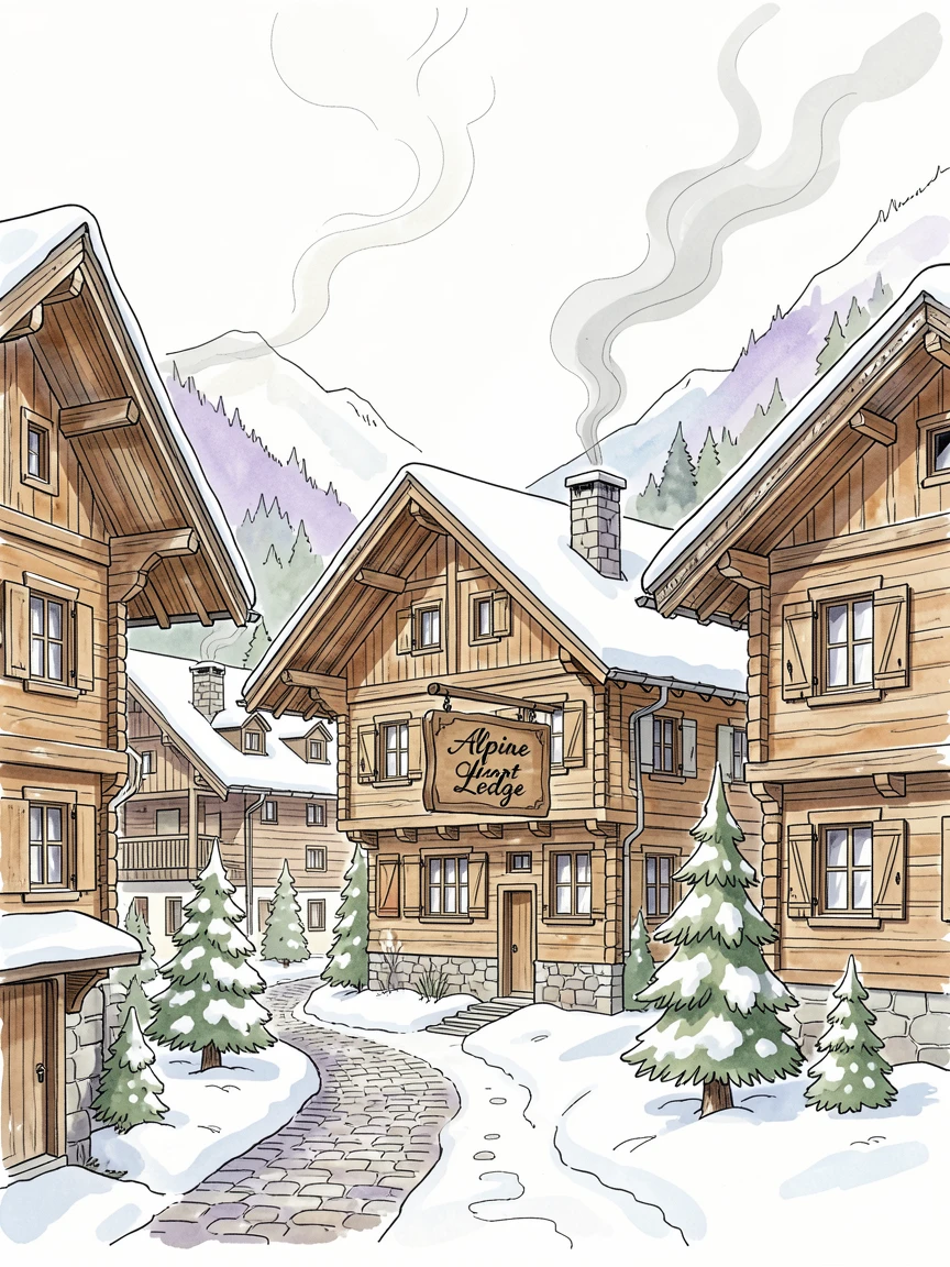 A snow-dusted alpine village with wooden chalets and smoke curling from every chimney