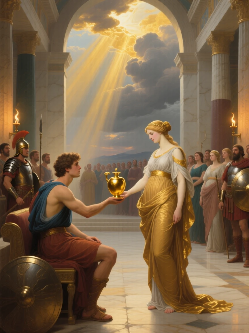 The Trojan prince Paris awarding the golden apple to the fairest goddess as golden light breaks through the clouds above, set within a torch-lit palace hall of gleaming stone, as sunlight gilds the edges of drifting storm clouds; the crowd forms a natural frame around the central action, charged with heroic resolve and quiet foreboding.