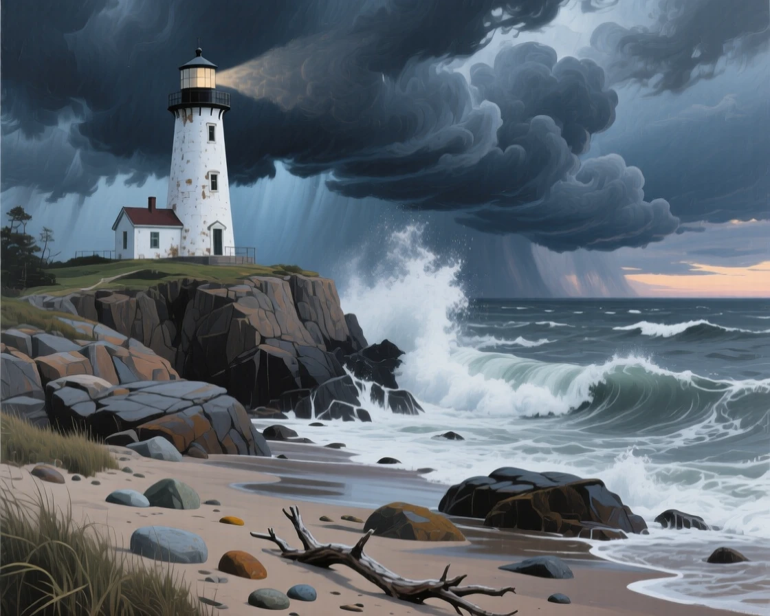 A dramatic storm approaches a lighthouse on the coast of Maine, waves crashing against the rocky shore, dark clouds rolling in over a churning gray sea, small natural details like scattered stones and fallen branches adding quiet interest to the ground.
