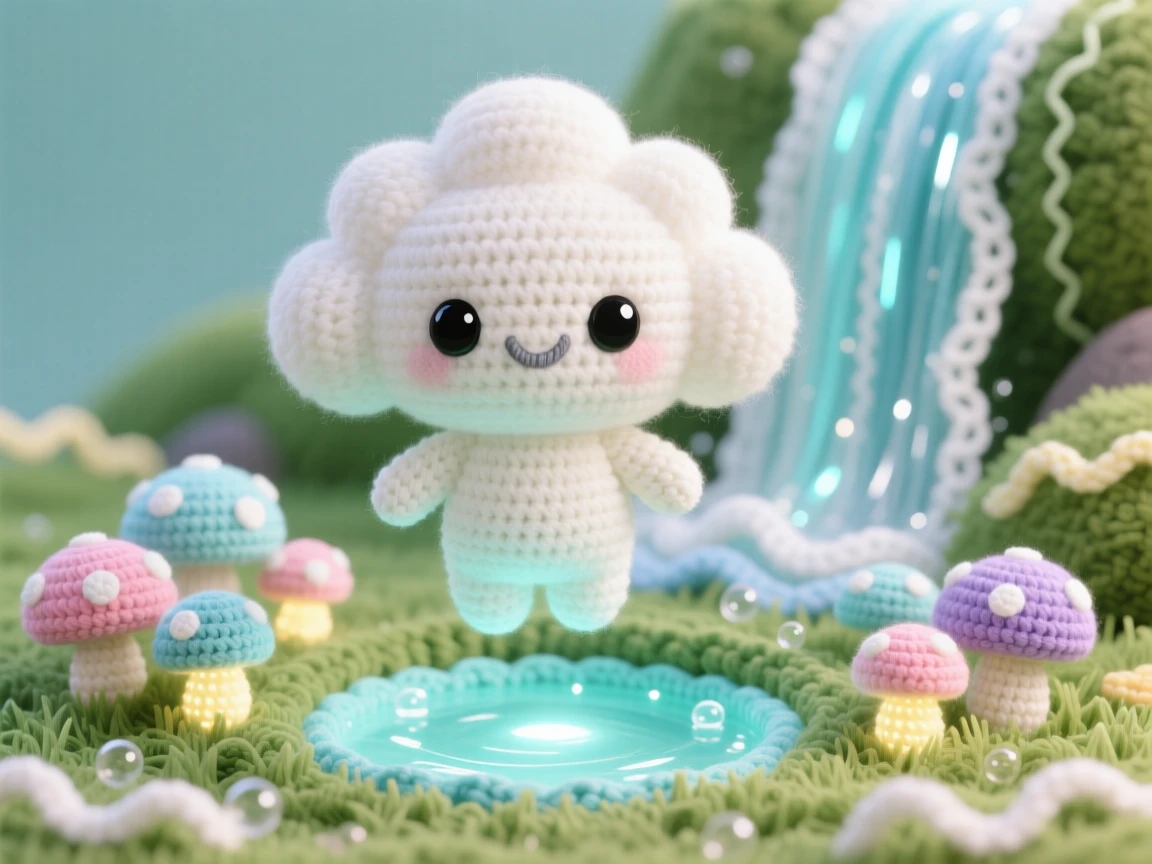 In a magical waterfall cascading into a glowing pool, a tiny cloud spirit with a fluffy puffed body and tiny arms is captured floating gently above a quiet meadow, surrounded by a cluster of luminous mushrooms, filled with a soft, comforting sense of belonging.