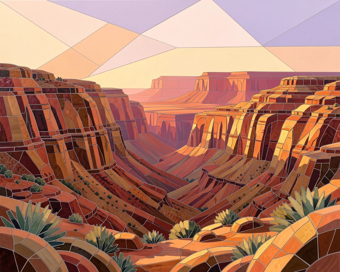 A red rock desert canyon carved by centuries of wind and rain, bathed in the warm colors of a golden hour sunset.