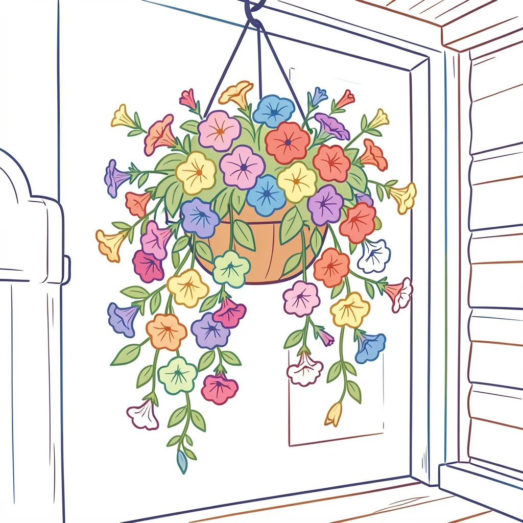 A hanging basket overflowing with trailing petunias on a cottage porch.