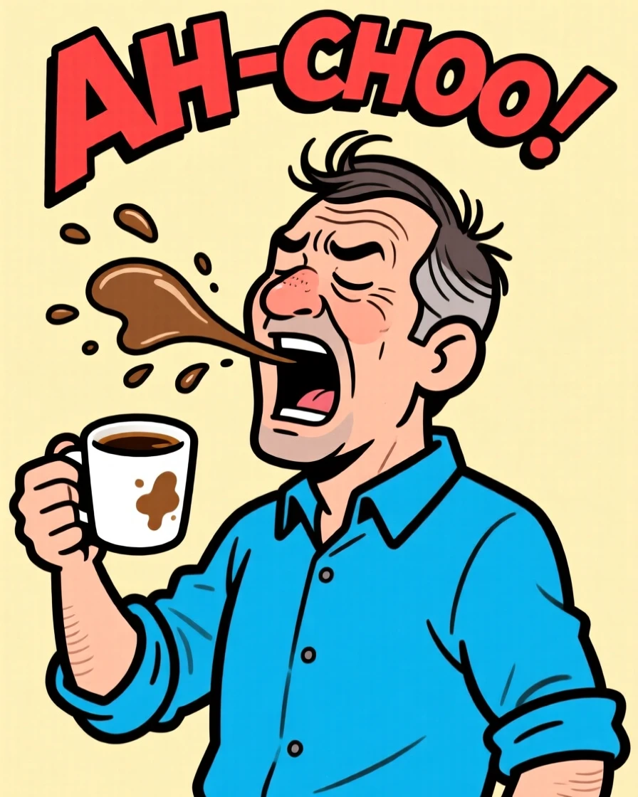 A funny expressive moment showing a man sneezing so hard his toupee flies off, coffee cup tipping mid-air.