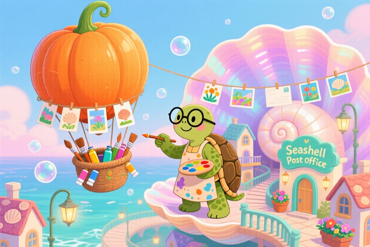 A turtle who paints postcards is steering a hot air balloon shaped like a pumpkin in a city built inside a giant seashell, as tiny bubbles drift lazily by.