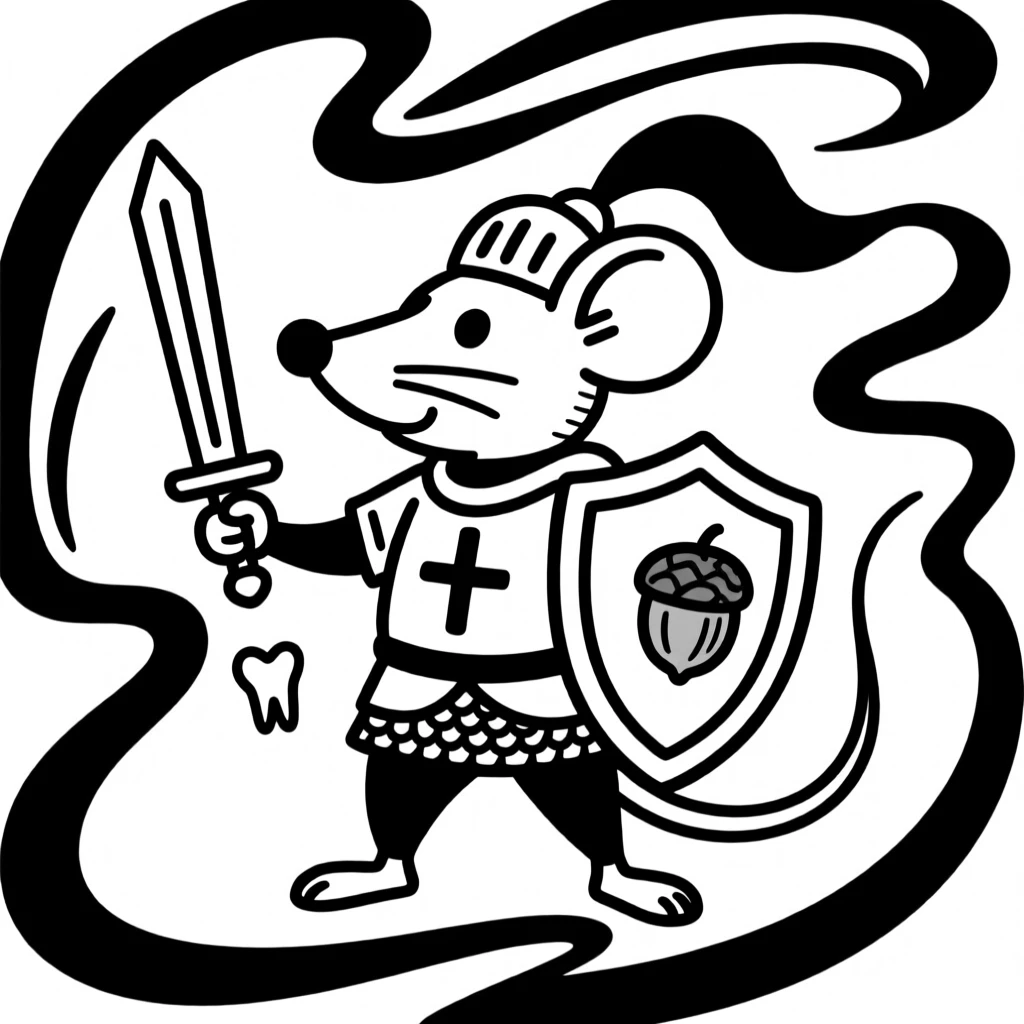 A tiny knight mouse character holding a toothpick sword and acorn shield.