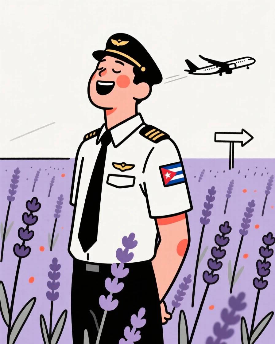 A pilot of cuban heritage before takeoff, laughing with eyes closed, in a lavender field.