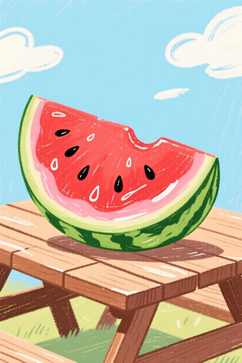 A wedge of watermelon glistening with juice on a summer table.