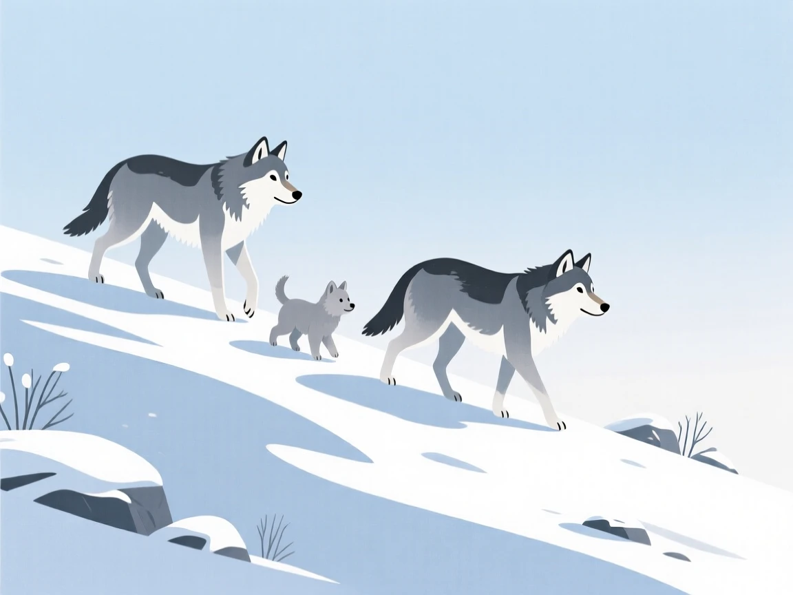 A family of wolves walking together along a snowy ridge.
