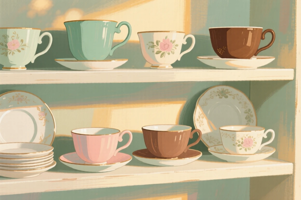 A shelf of antique porcelain teacups and saucers