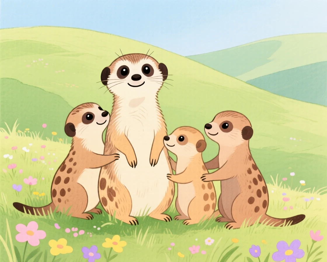 A close-up portrait of a family of meerkats in a rolling green hillside.