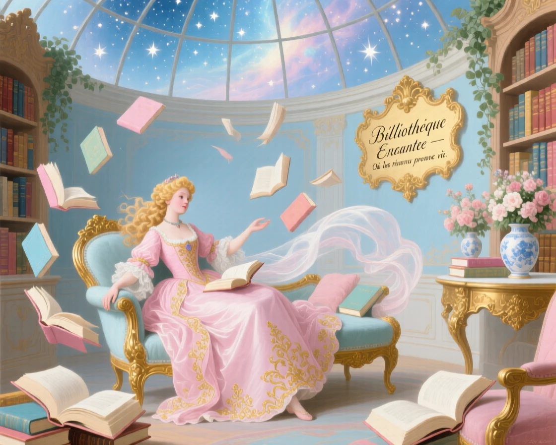 A magical library where books flutter around a princess in a starlit dome  