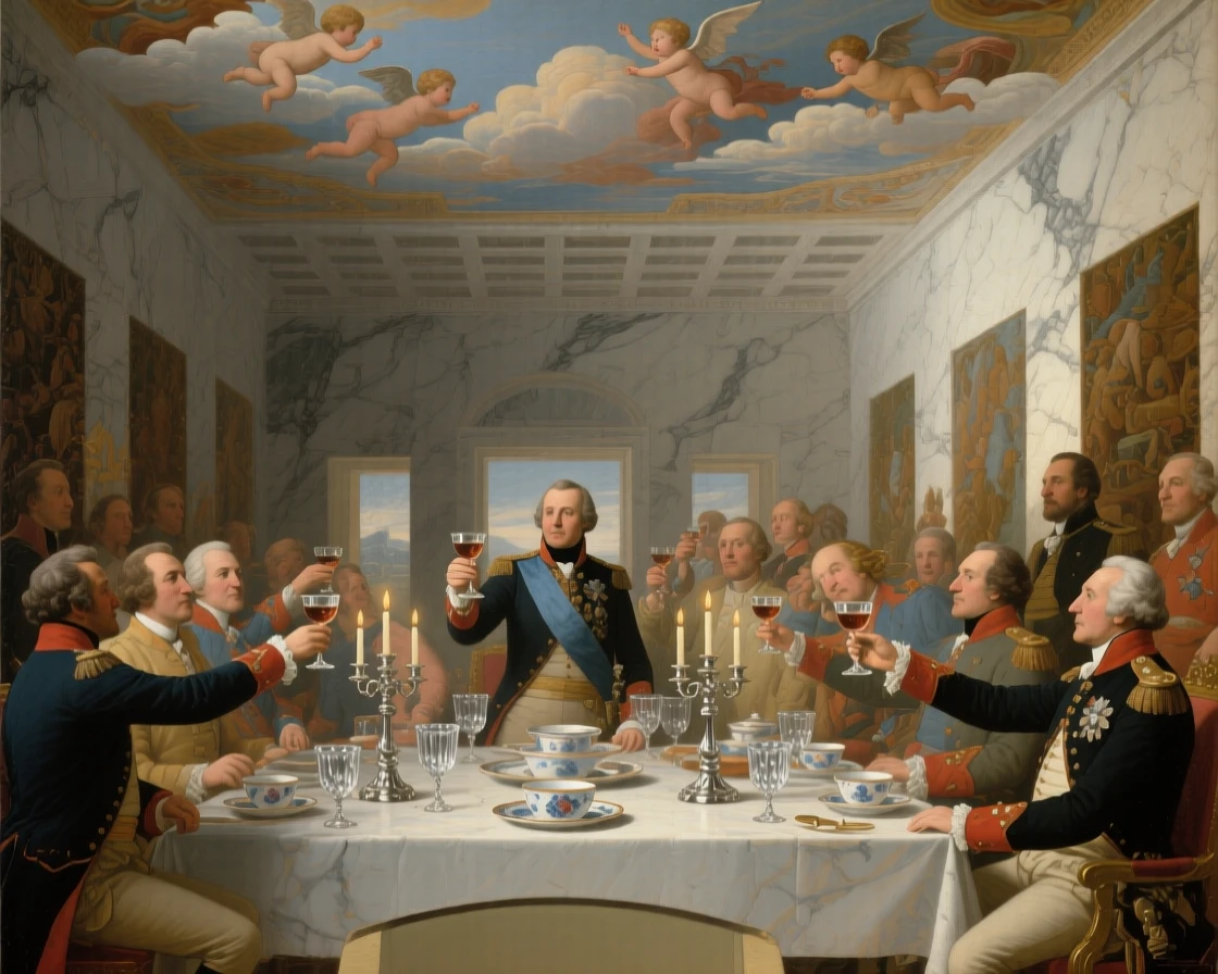 A general and his officers toasting victory in a marble hall in a moment of quiet, practiced grace, set beneath a painted ceiling depicting cherubs and clouds, with fine china, crystal goblets, and candelabras adorning the table; converging sightlines from the guests draw attention to the central gesture, suggesting both splendor and the fleeting nature of such moments.