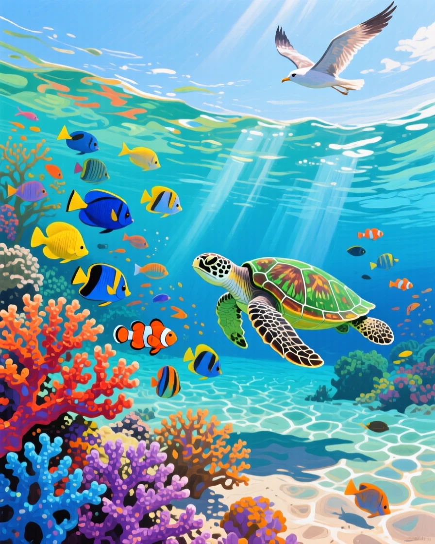 A vibrant coral reef teems with life beneath crystal-clear water in the Great Barrier Reef, a sea turtle gliding past schools of tropical fish in brilliant color, the silence broken only occasionally by the call of a bird crossing the open sky.