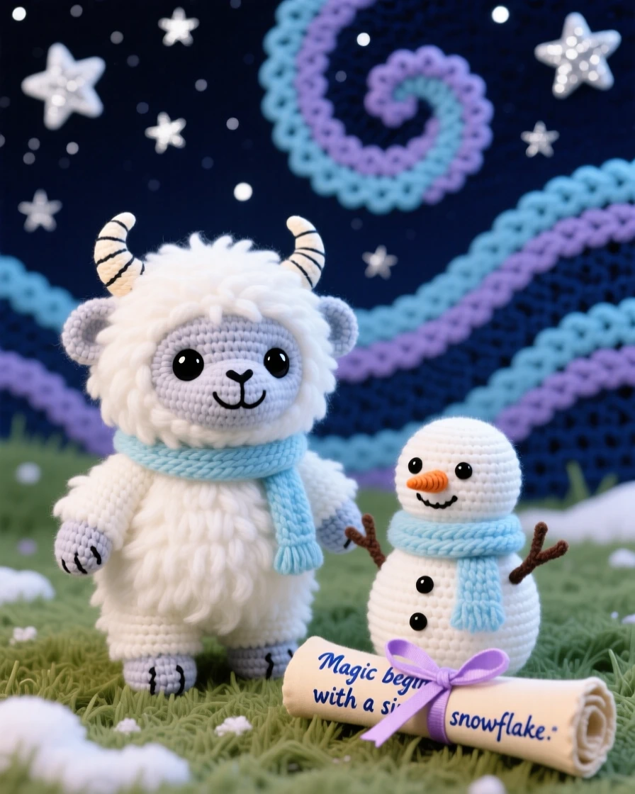 A charming portrait of a round baby yeti, with thick white fur and small curved horns, building a tiny snowman with careful paws beside a tiny scroll tied with a ribbon in a starlit meadow beneath a swirling night sky, conveying a cozy, storybook enchantment.