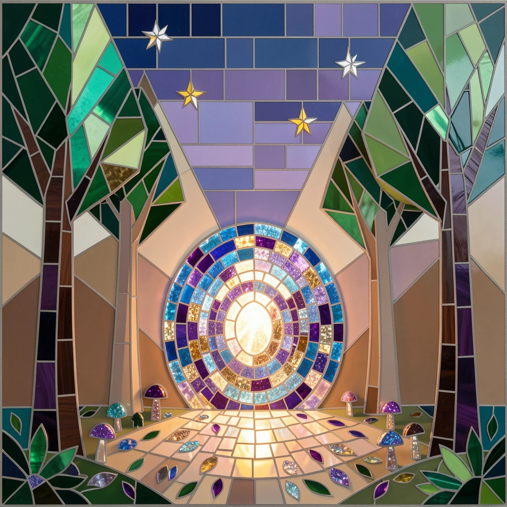 A magical portal glowing at the edge of an enchanted forest.