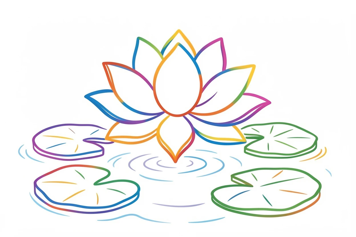 A lotus flower blooming above still pond water surrounded by lily pads.