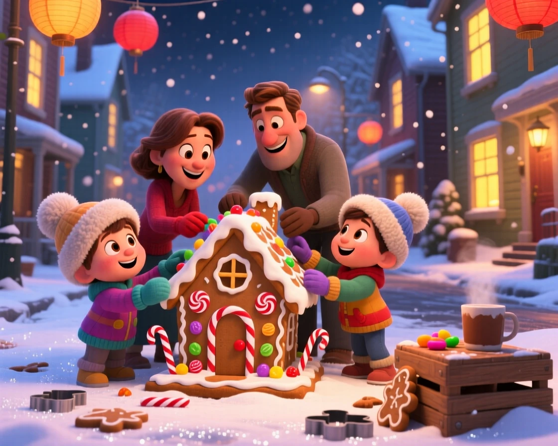 A family building a gingerbread house together happens on a snowy street lined with glowing windows, with paper lanterns swaying softly in the breeze. The mood is joyful, nostalgic, and full of celebration.