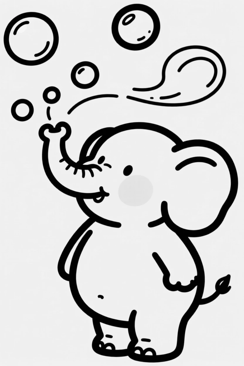 A chubby baby elephant character blowing bubbles with its trunk.