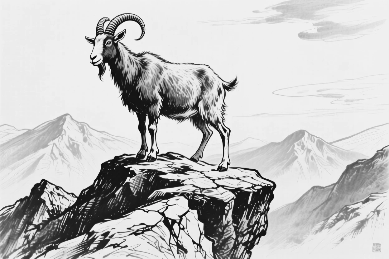 A goat standing proudly atop a rocky outcrop in the mountains.