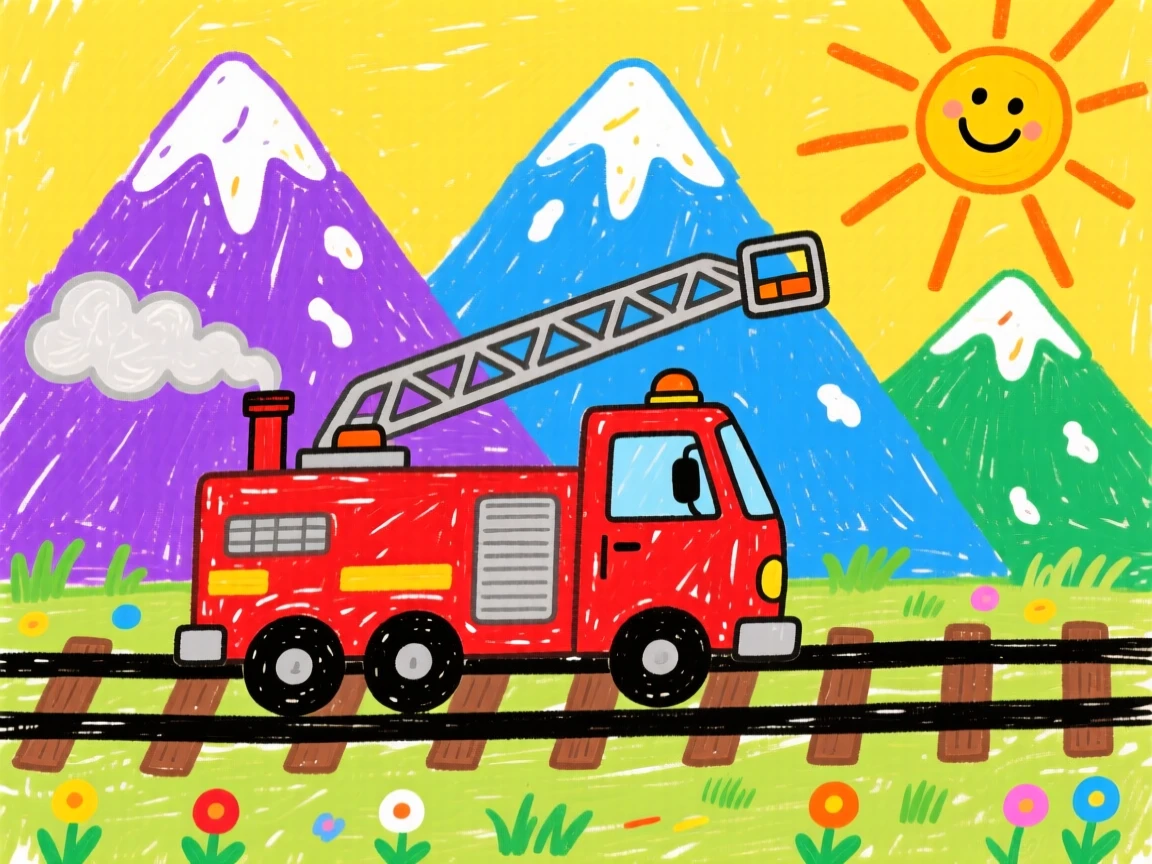A shiny fire engine ladder truck chugging along tracks beside a mountain range.