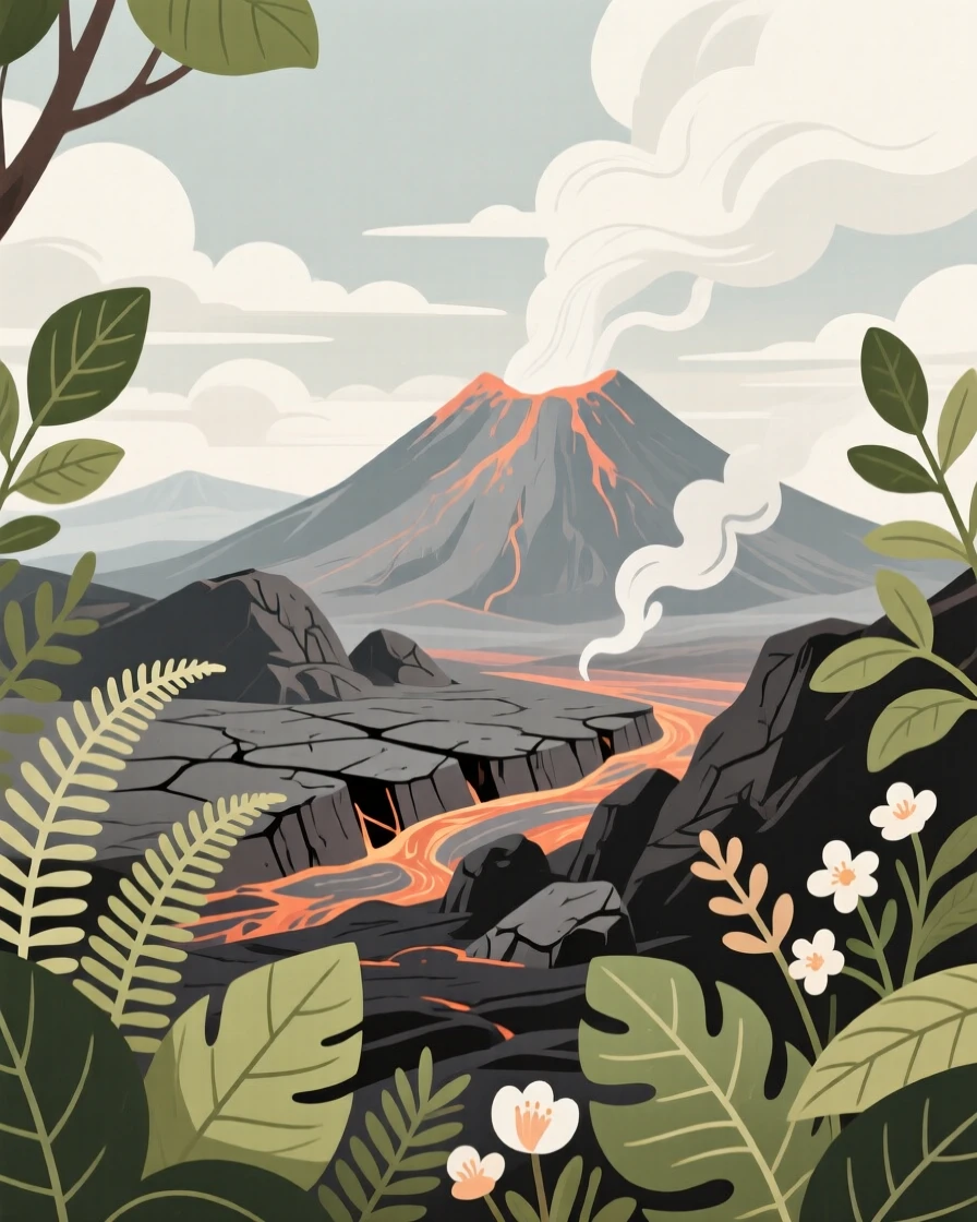A volcanic landscape with steam rising from the earth, beneath a canopy of drifting clouds, composed with soft natural framing from surrounding foliage, with delicate textures visible in every leaf and petal.
