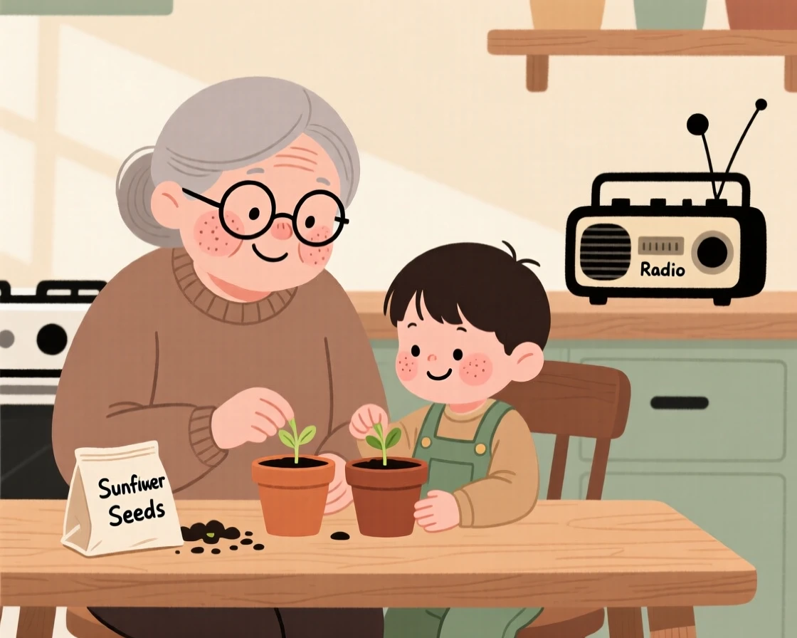 A grandmother teaches a curious toddler how to plant seeds in small pots at the kitchen table while the radio plays an old familiar tune, both focused and smiling.