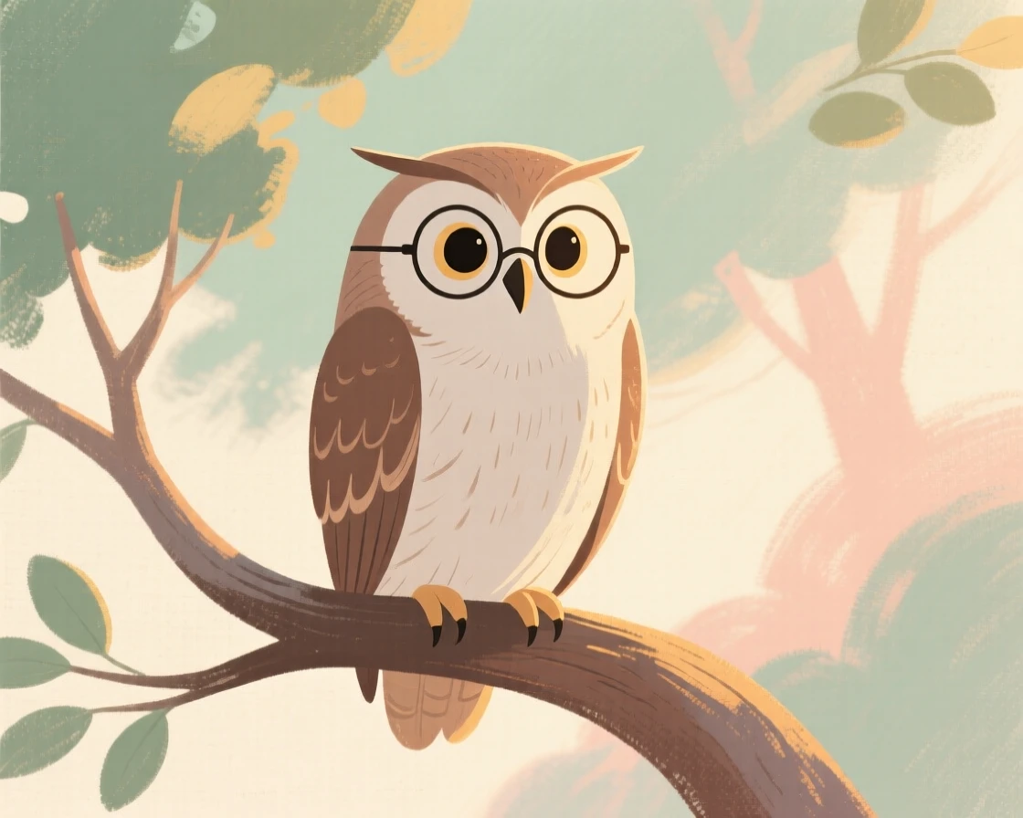 A wise old owl perched in a tree wearing tiny spectacles