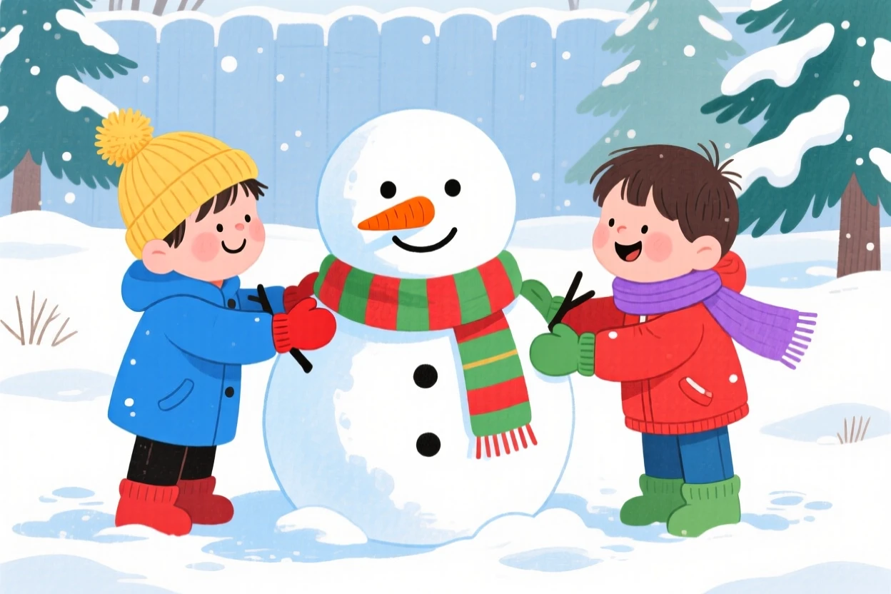 Children building a snowman with a carrot nose and scarf, filled with seasonal charm.