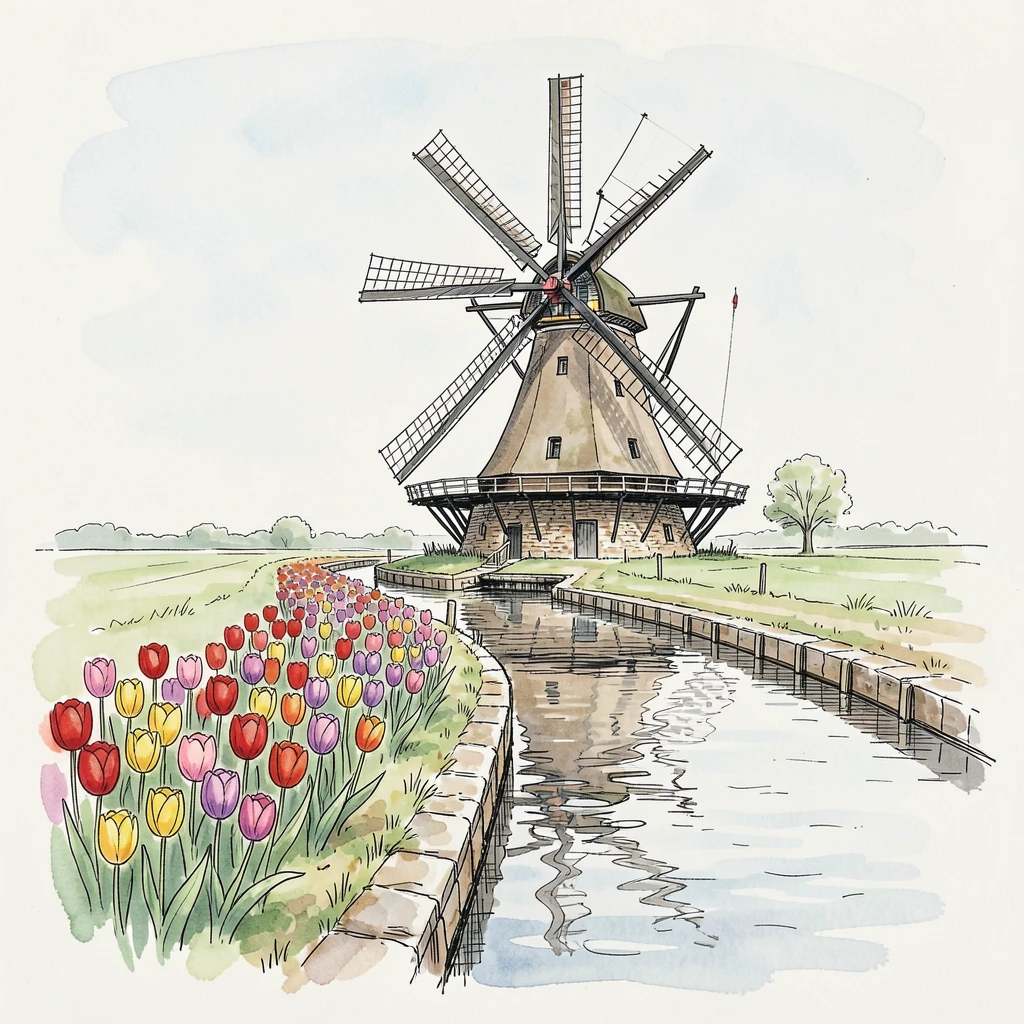 A rustic countryside windmill standing beside a canal lined with blooming tulips