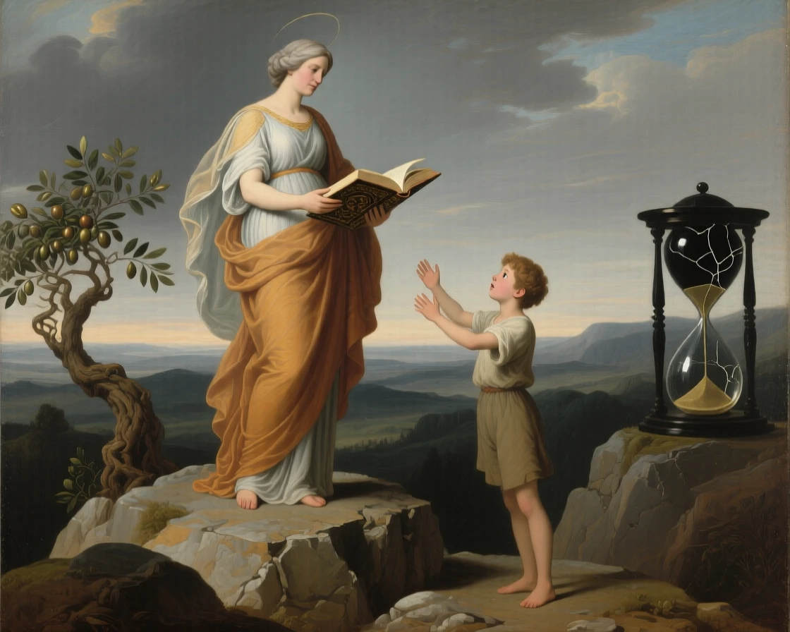 The figure of Wisdom offering an open book to eager youth in a moment charged with timeless symbolic meaning, set atop a rocky promontory overlooking a vast unknown, with drapery caught in a wind that seems to come from another world; the composition balances opposing symbolic elements on either side of the central figure, evoking profound meditation on fate, virtue, and the human condition.