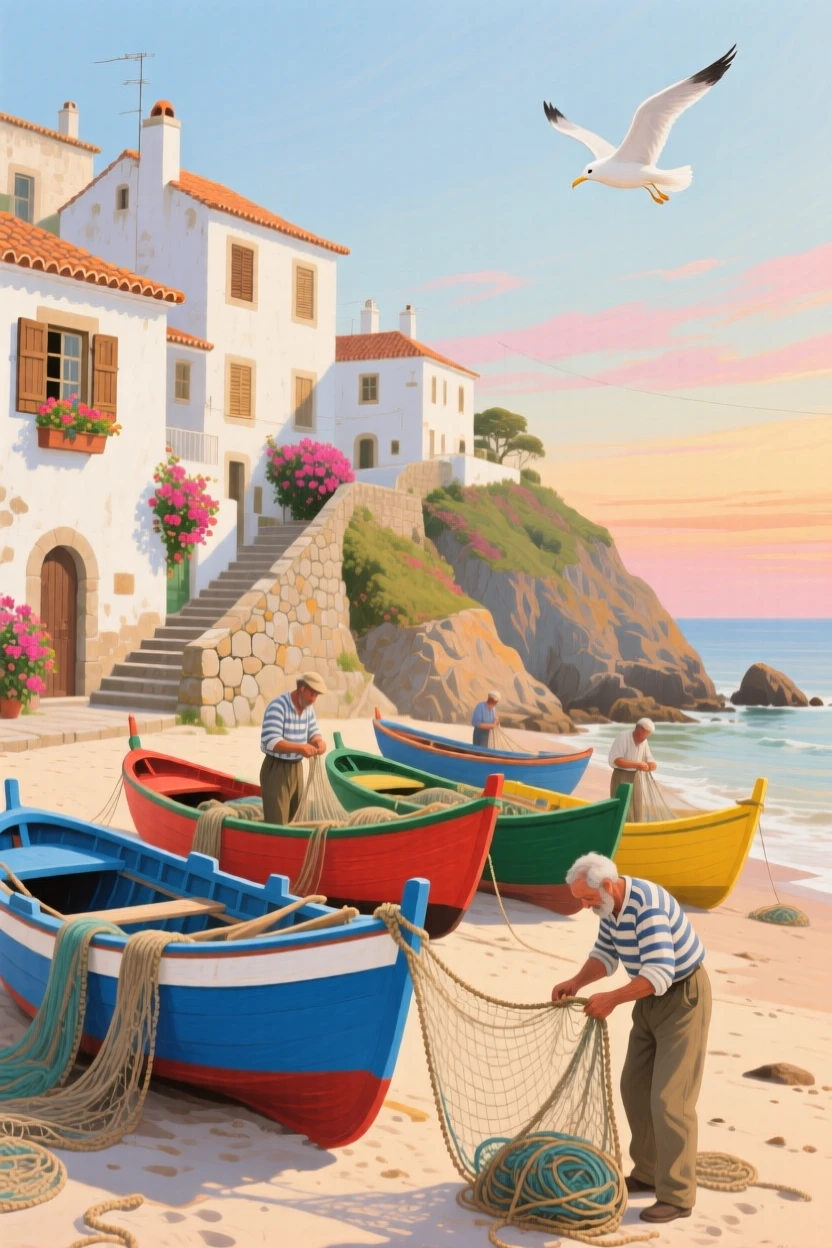 A quiet fishing village on the coast of Portugal shows colorful boats pulled up on the sand, fishermen mending nets, whitewashed houses climbing the hillside behind, the silence broken only occasionally by the call of a bird crossing the open sky.