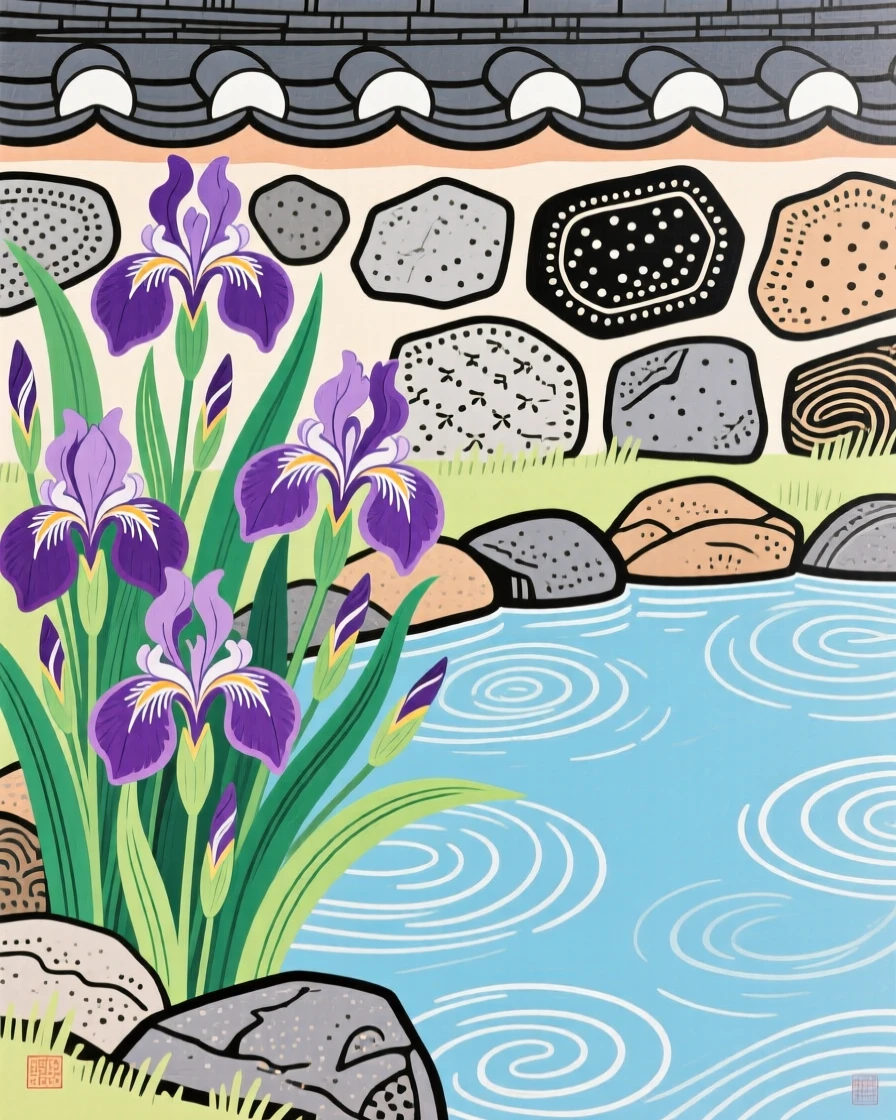 Irises beside a garden pond beside a stone garden wall.