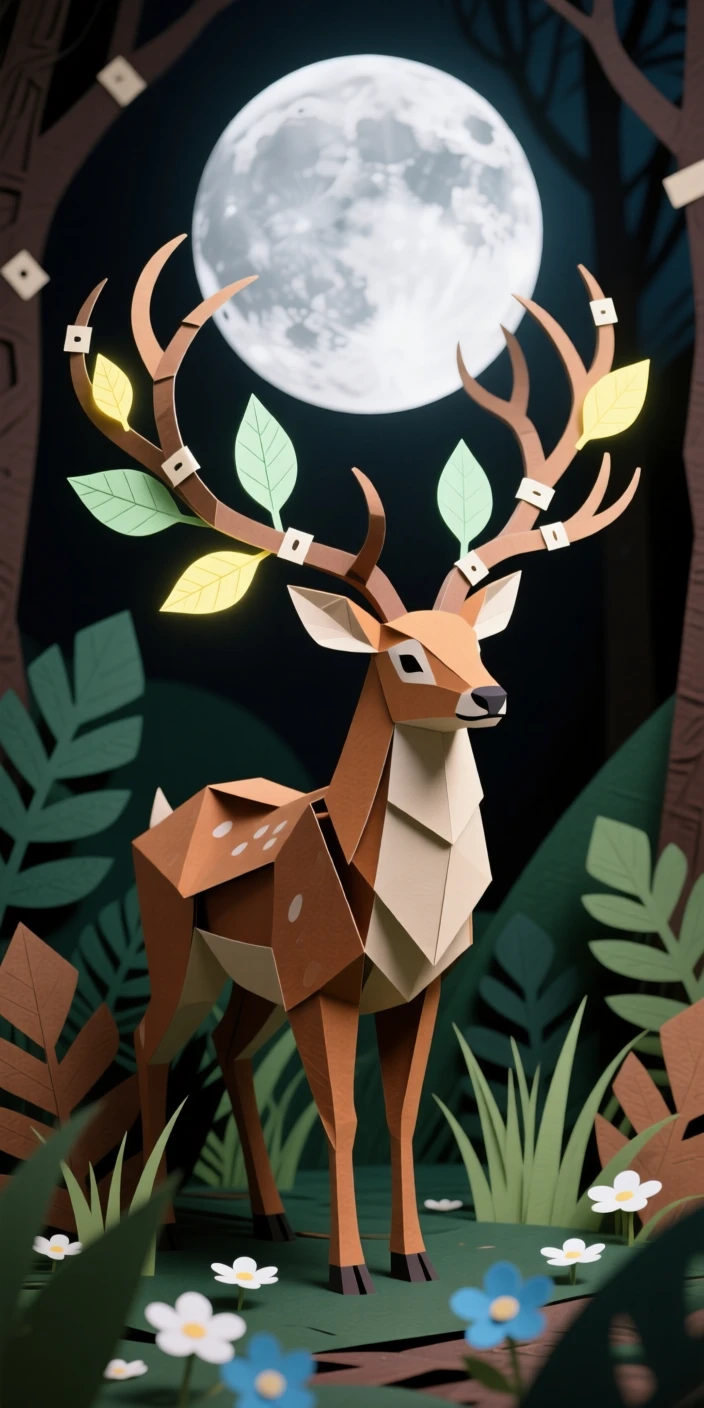 A mystical stag with antlers made of intertwined branches and glowing leaves, standing in a moonlit clearing, evoking ancient forest spirits.