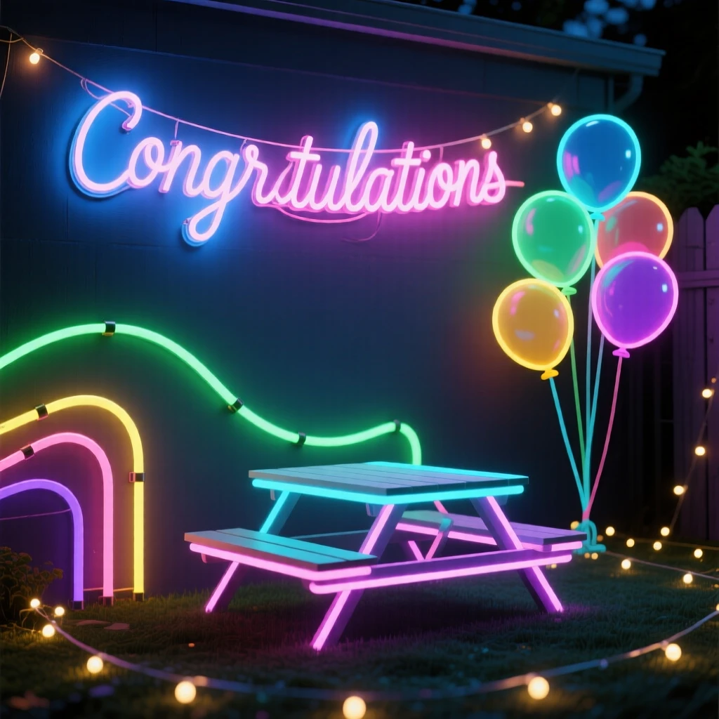 A graduation party with balloons and a banner strung across a backyard.