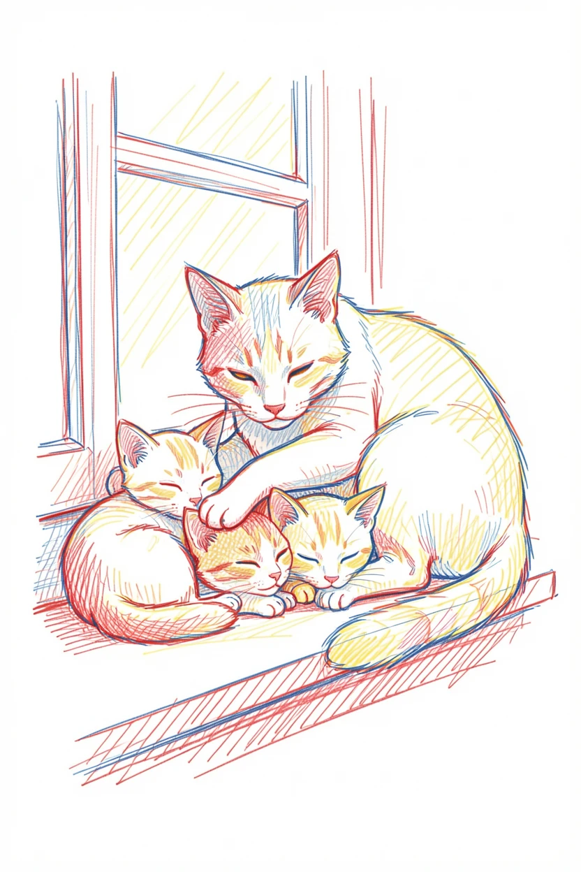A mother cat grooming her sleepy kittens in a sunlit windowsill