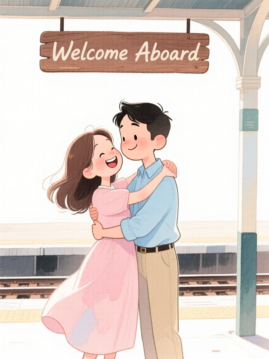 A young couple exchanging a warm hug at a train station platform