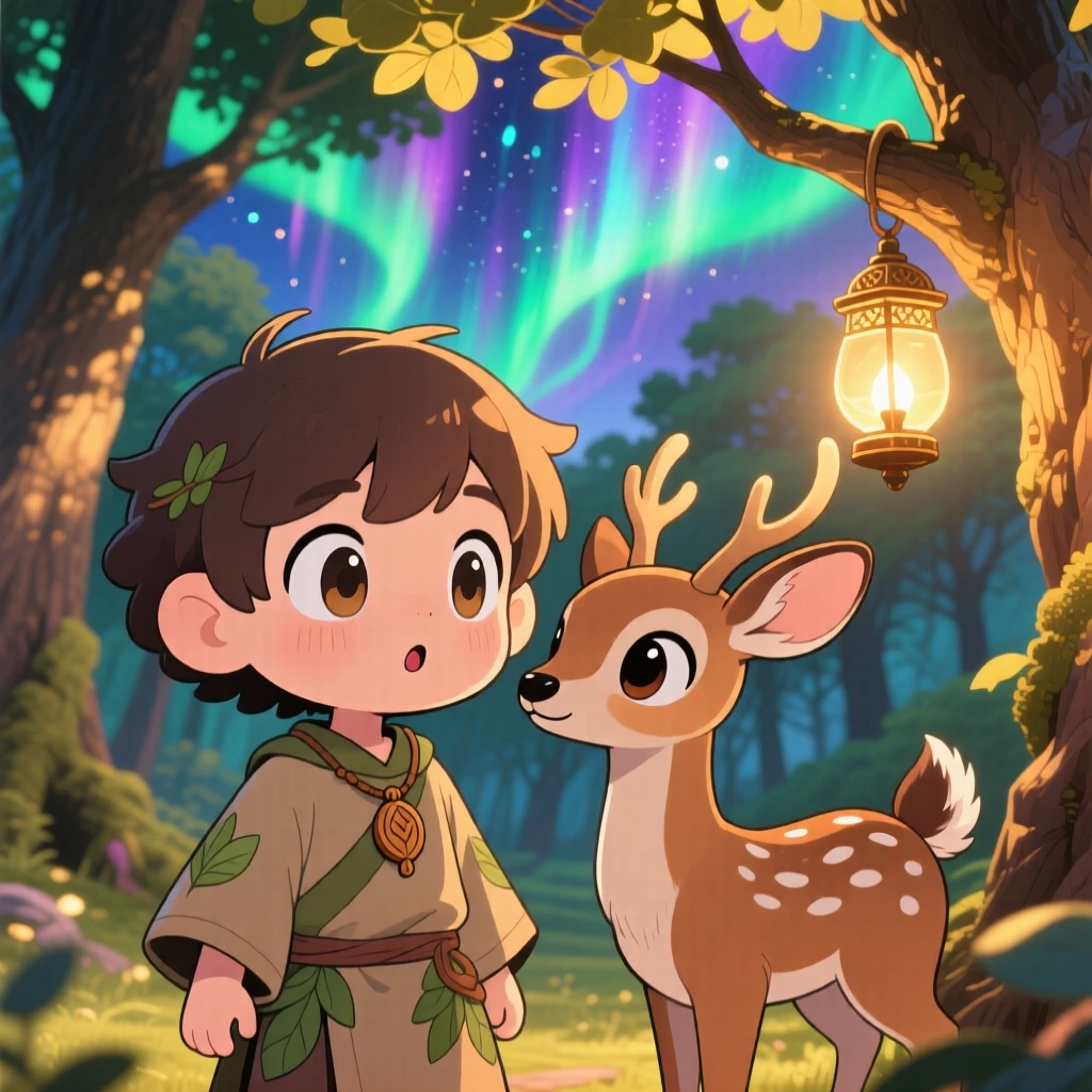 Extreme close-up of a young druid, speaking gently to a curious deer, in a sunlit sacred grove, beneath swirling aurora-lit skies, illuminated by warm lamplight, radiating gentle surprise.