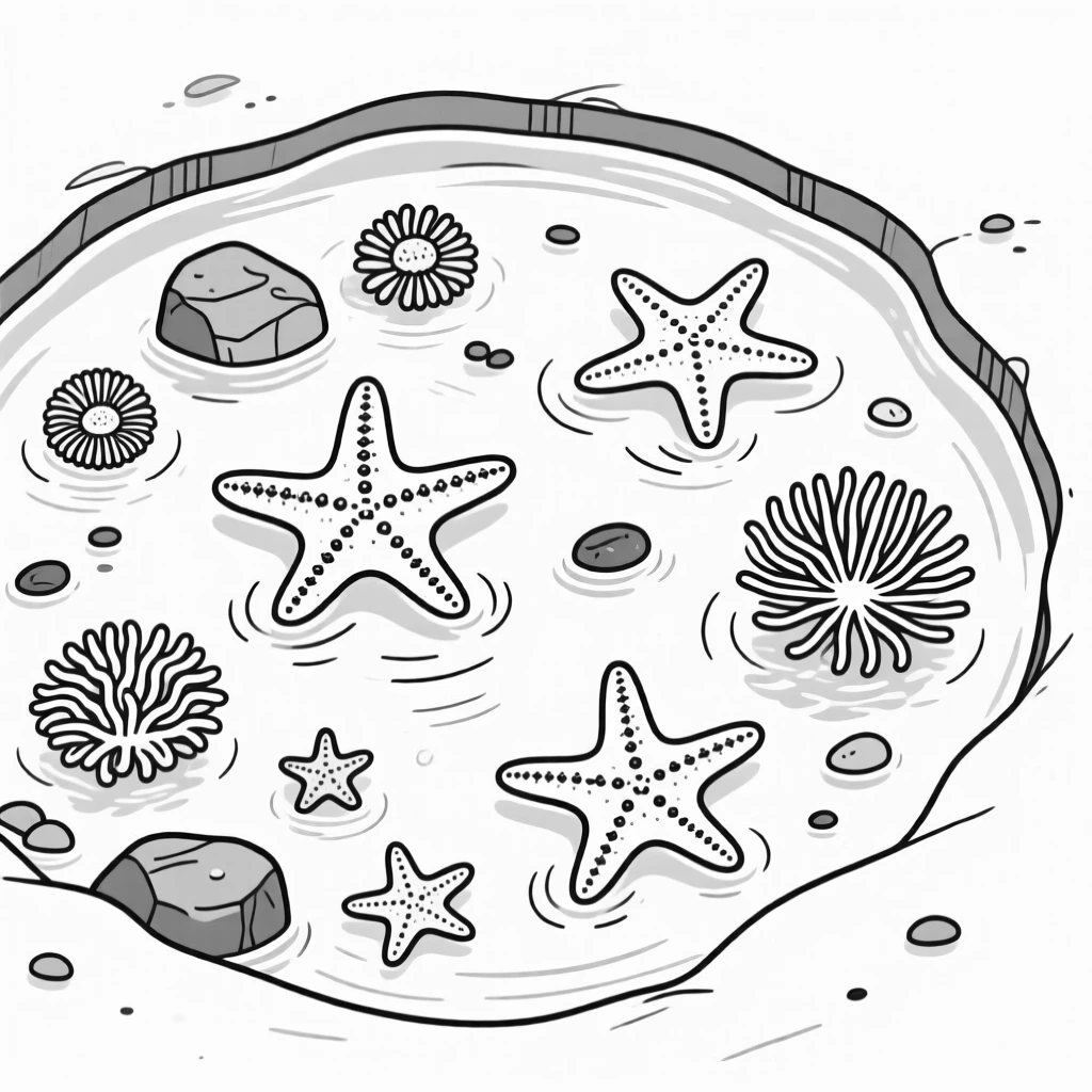 A tide pool filled with starfish and sea anemones