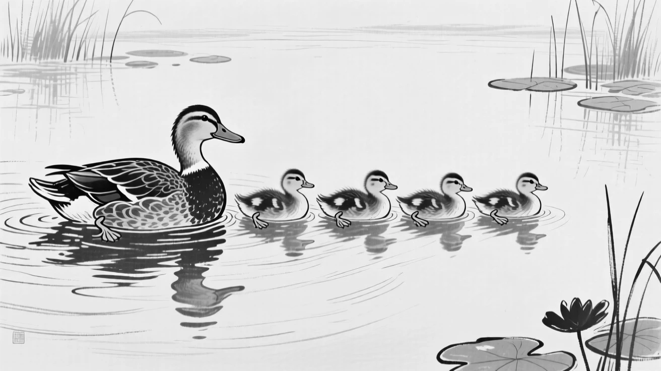 A duckling family paddling in a neat row across a quiet pond.