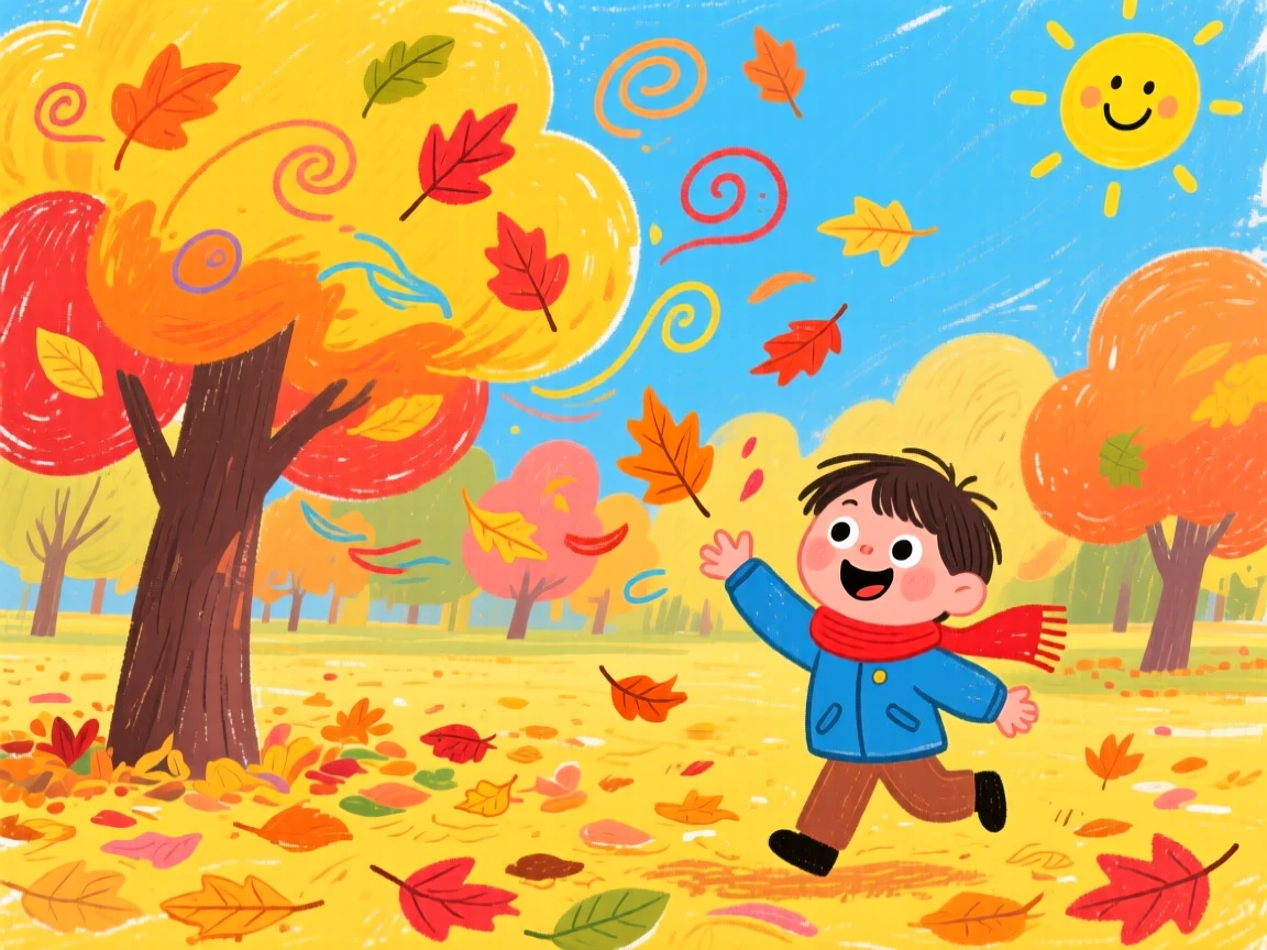 Leaves swirling in the wind across a golden autumn park.