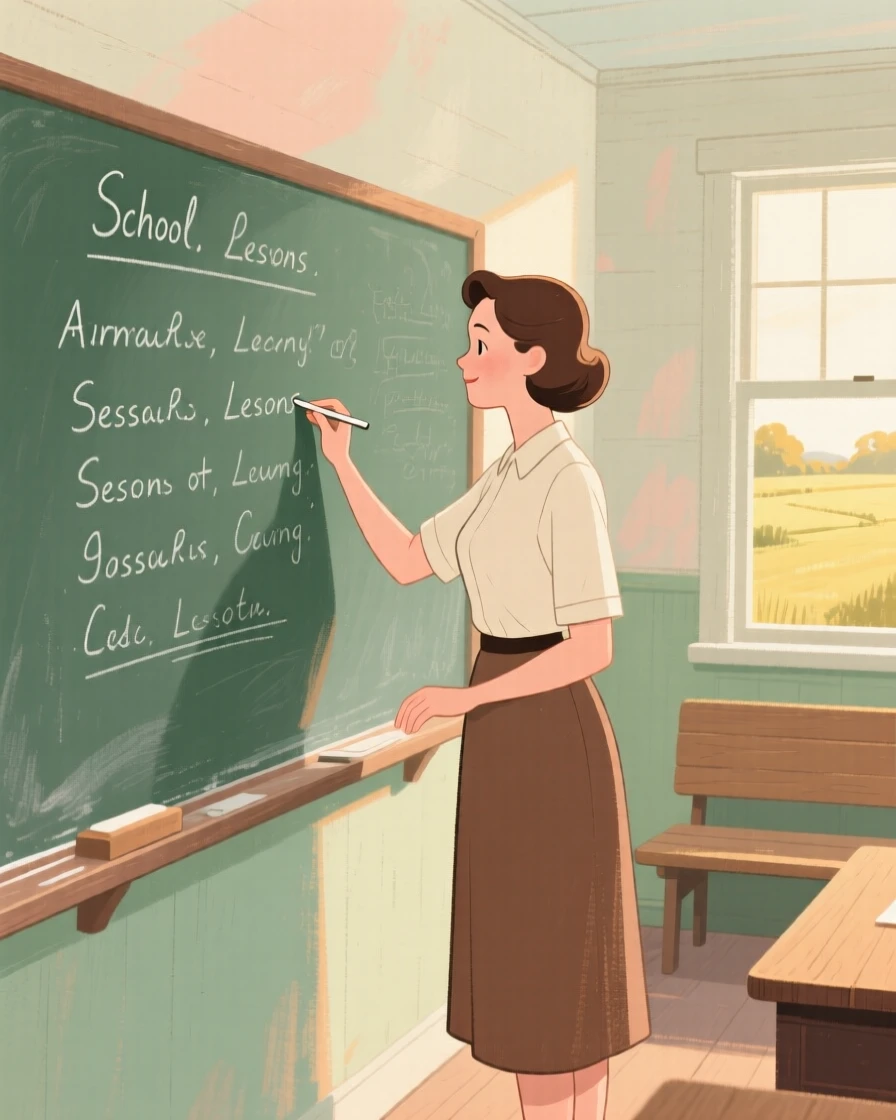 A schoolteacher writing lessons on a chalkboard in a one-room schoolhouse