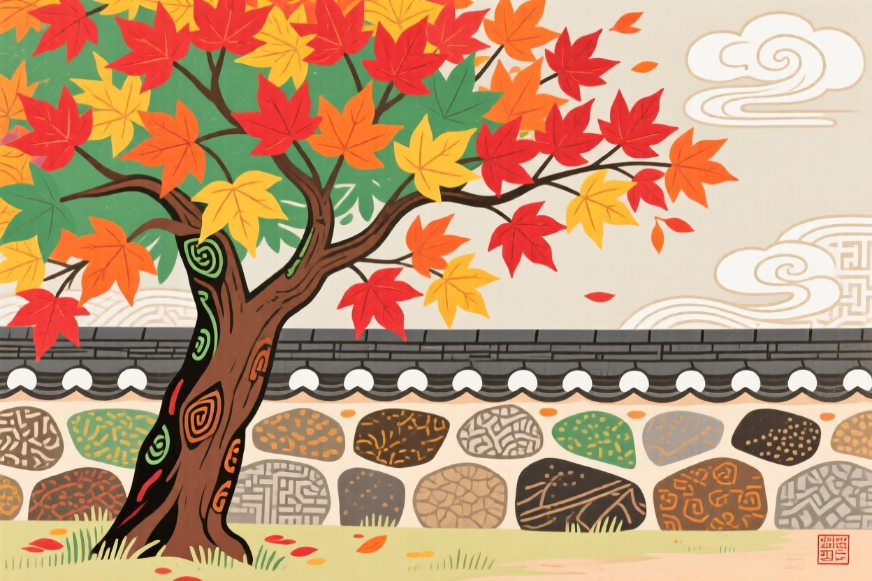 A maple tree ablaze with autumn color beside a stone garden wall.