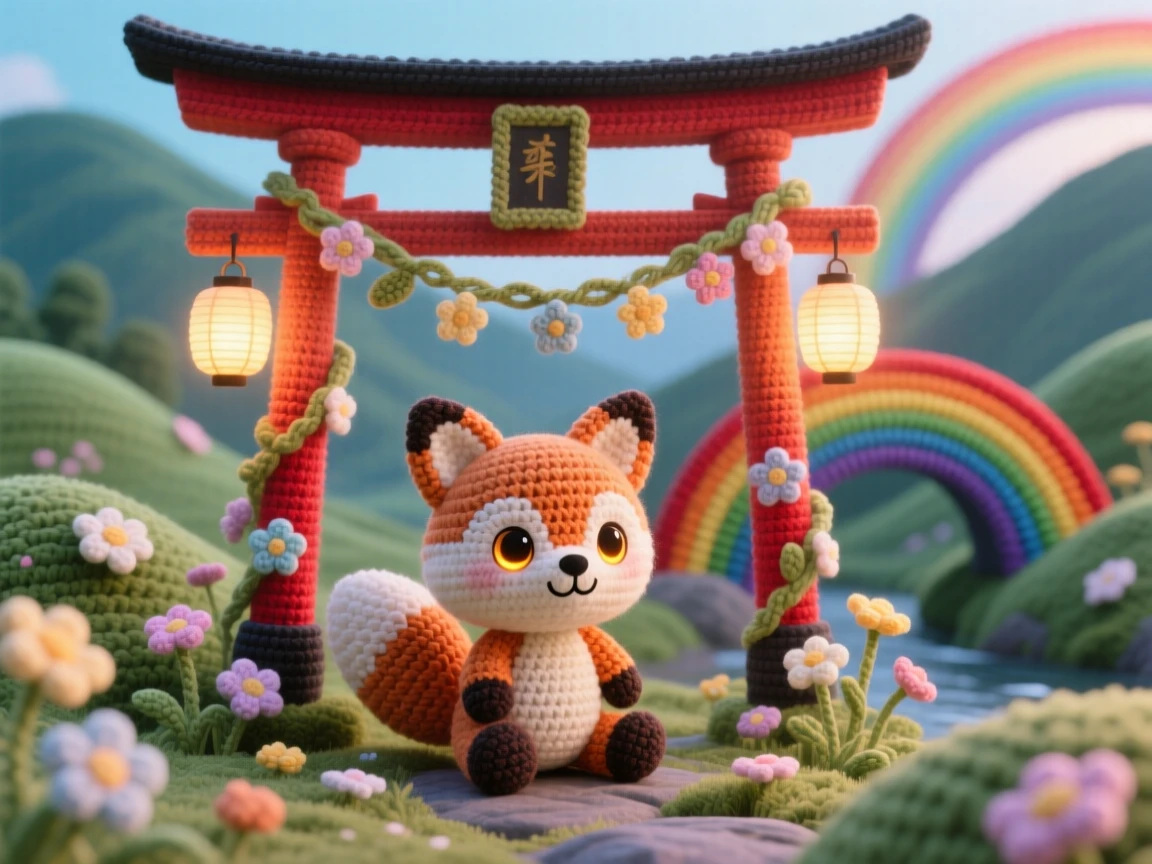 In a rainbow bridge arching over a quiet valley, a baby kitsune fox spirit with two small fluffy tails and glowing eyes is captured sitting beneath a lantern-lit torii gate, surrounded by a garland of woven wildflowers, filled with a sense of gentle magic and quiet wonder.
