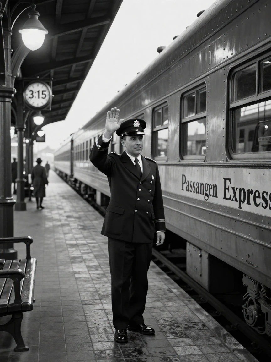 A train conductor waves the all-clear signal from the platform beside a departing passenger train.