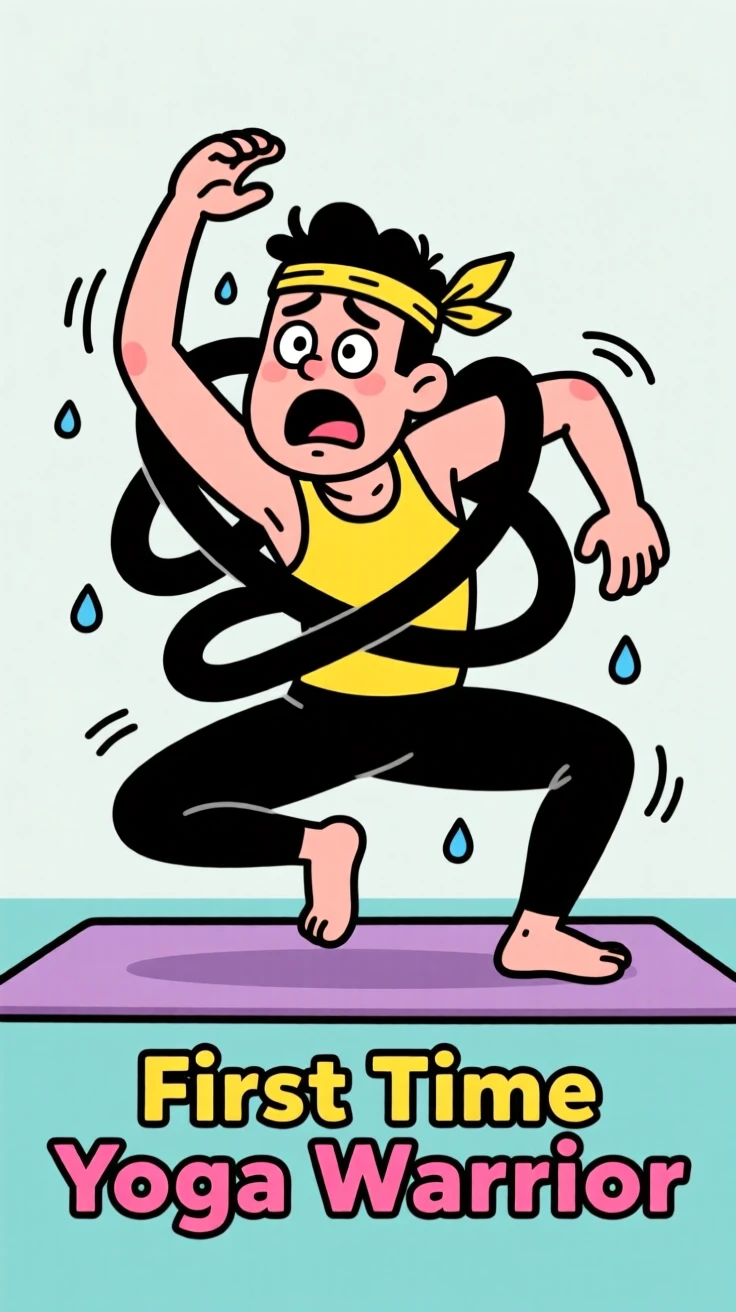 A funny expressive moment showing a man attempting yoga for the first time, tangled hopelessly into an impossible pose.