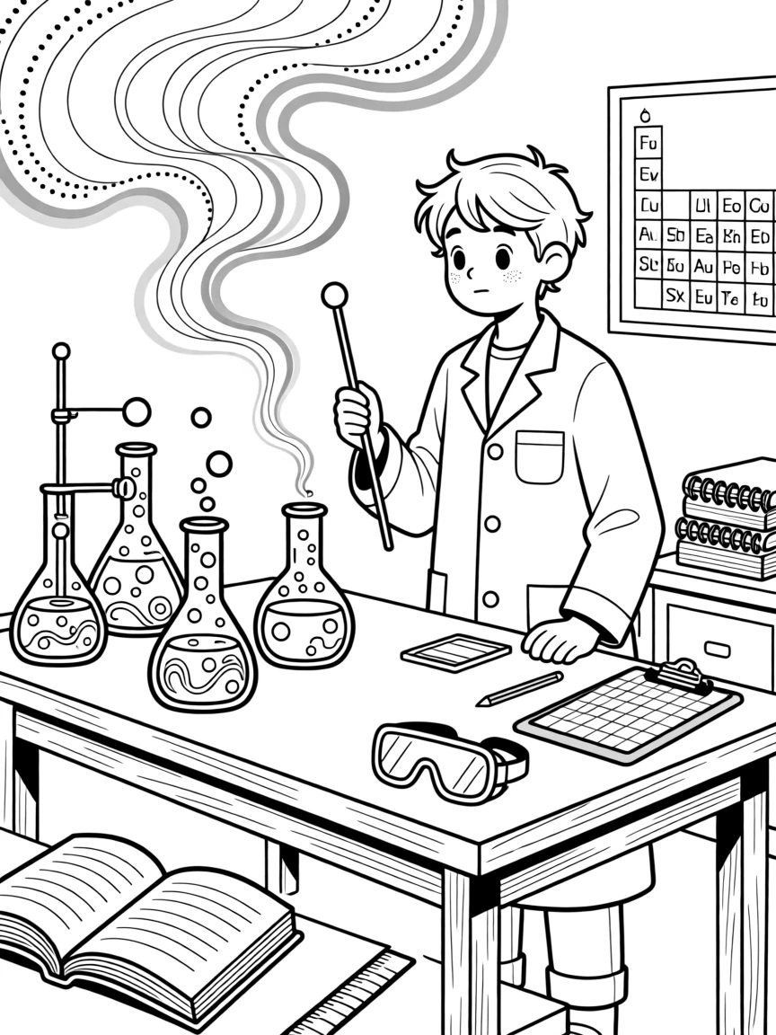 A chemistry lab table with bubbling beakers and safety goggles, with smoke and colored lights swirling around the stage.