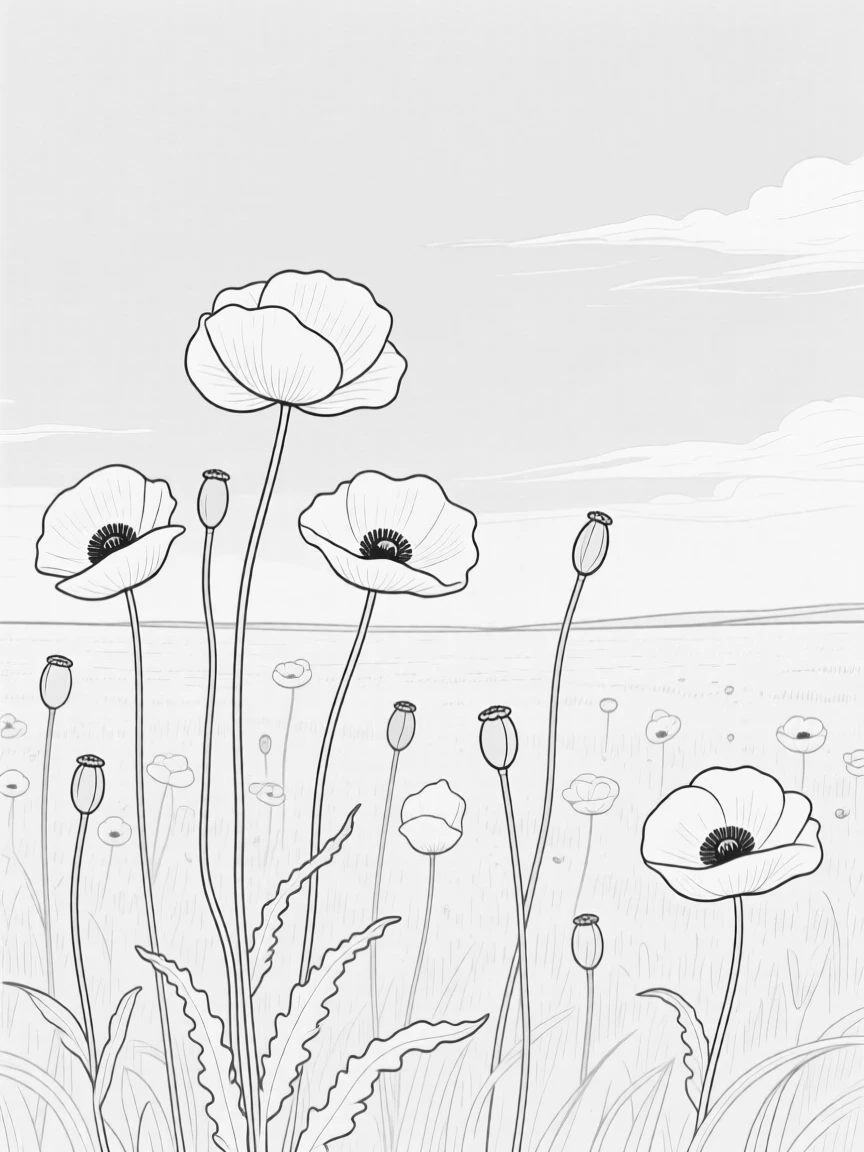 A meadow of wild poppies beneath a summer sky