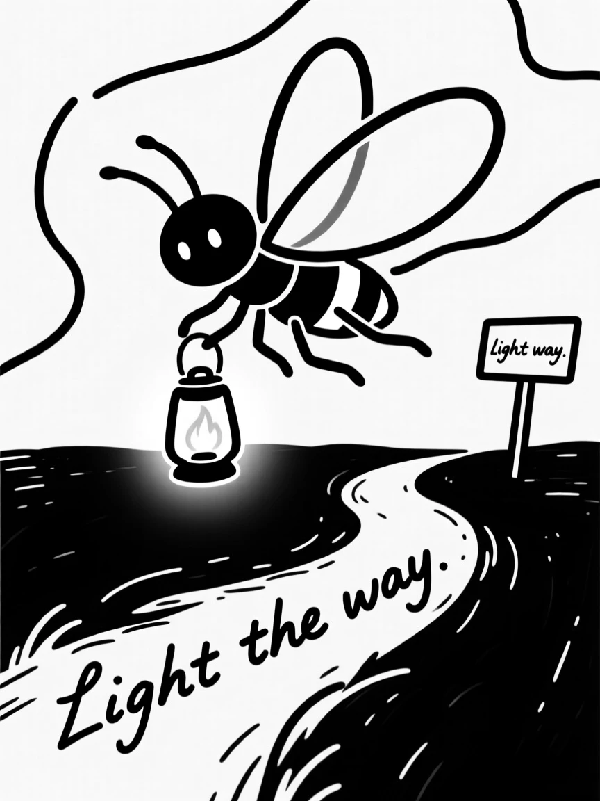 A small firefly character with a glowing lantern belly lighting a path.