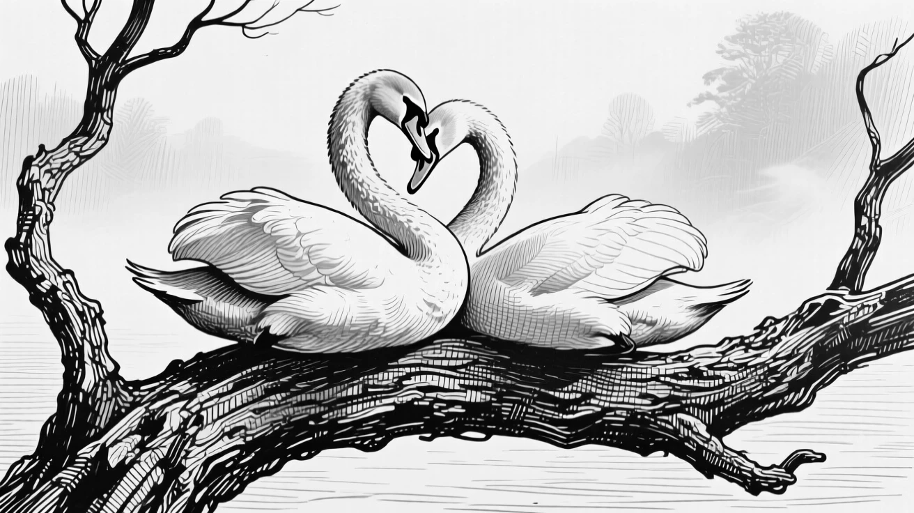 A pair of swans atop a weathered tree branch, against a backdrop of drifting mist, capturing a tender and protective moment in nature with a strong, centered focal point.