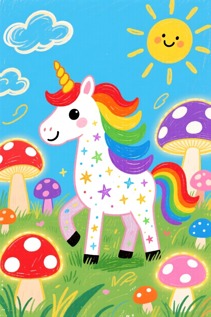 A shimmering unicorn with a flowing rainbow mane in a meadow of giant glowing mushrooms.
